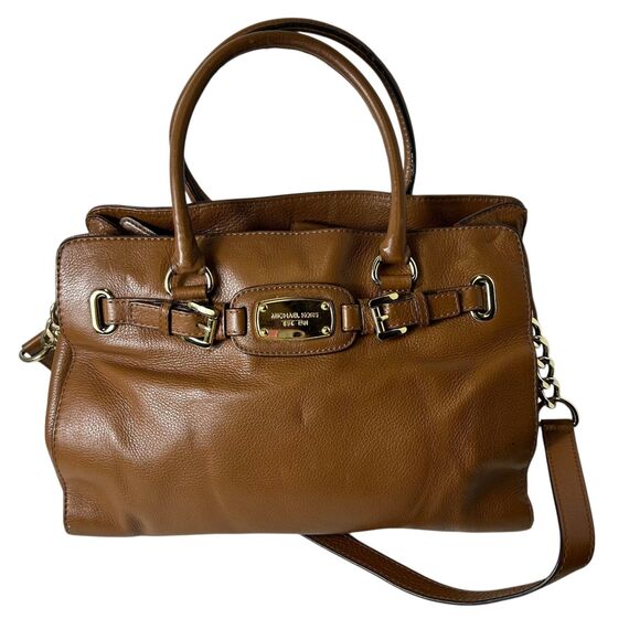 Michael Kors Hamilton Caramel Brown Leather Belt Chain Detail Tote Satchel Bag - Picture 1 of 15